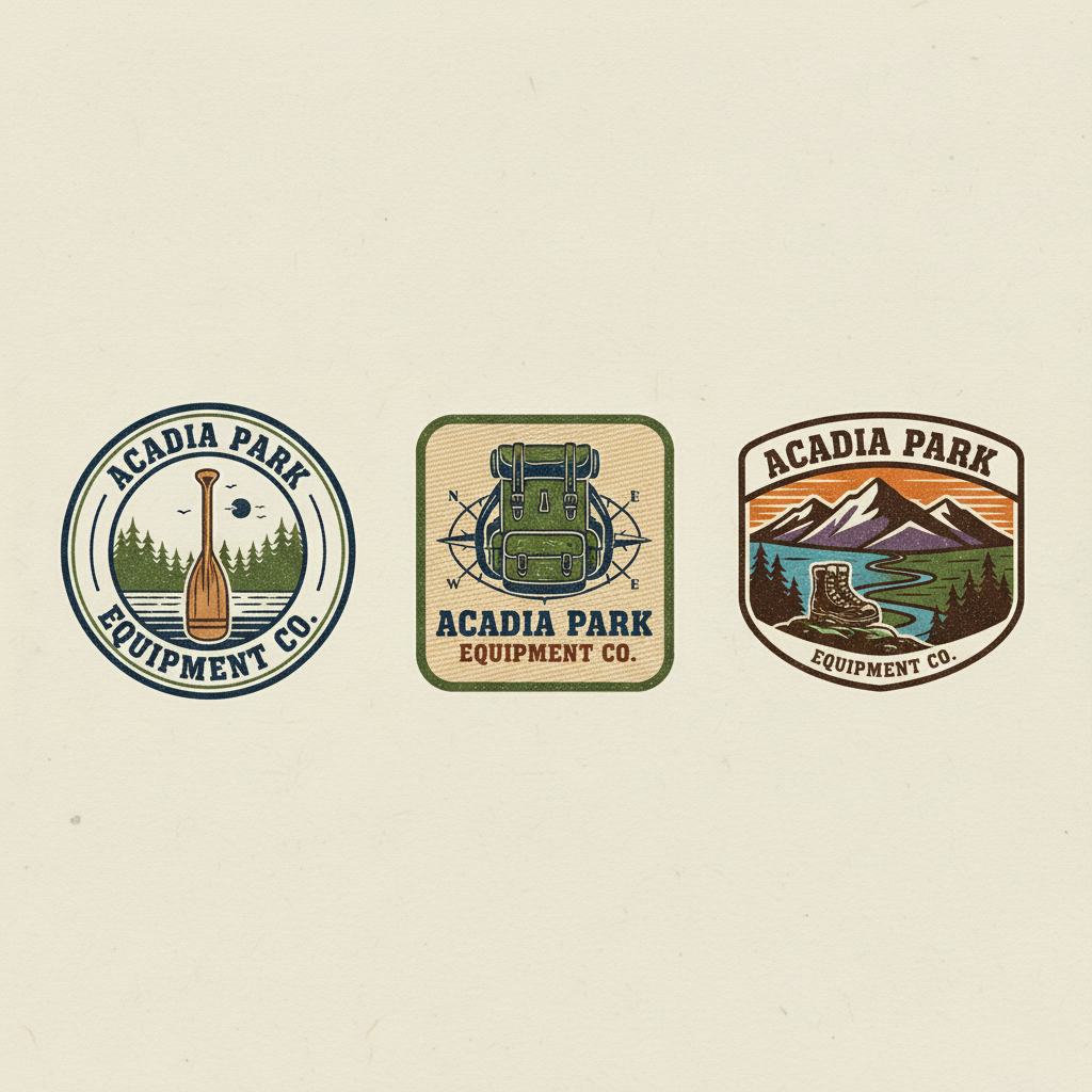 Acadia Park full logo suite showcasing round, square, and shield badges.