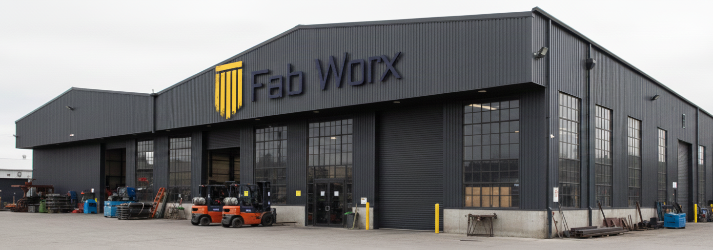 Warehouse building exterior with Fab Worx signage.