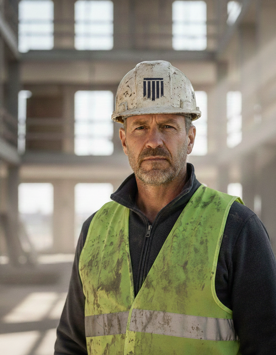 Contractor portrait wearing branded hardhat in an industrial setting.