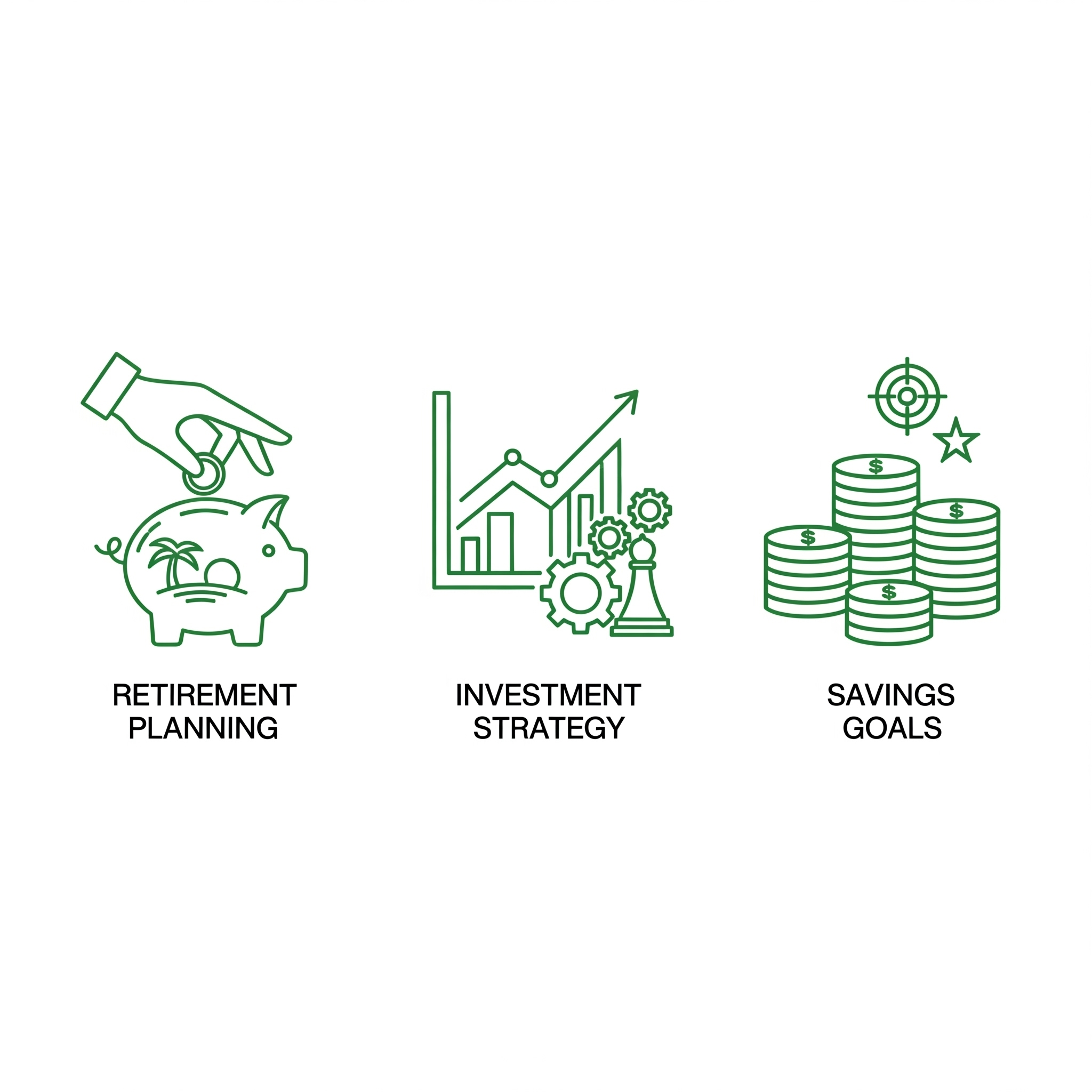 Investment planning iconography including retirement, strategy, and savings goals.