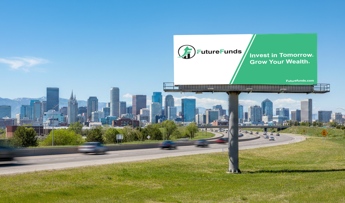 Future Funds large marketing billboard mockup over a cityscape.