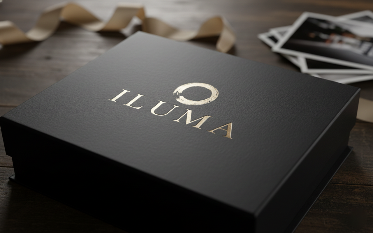 Branded packaging box mockup with gold foil logo.