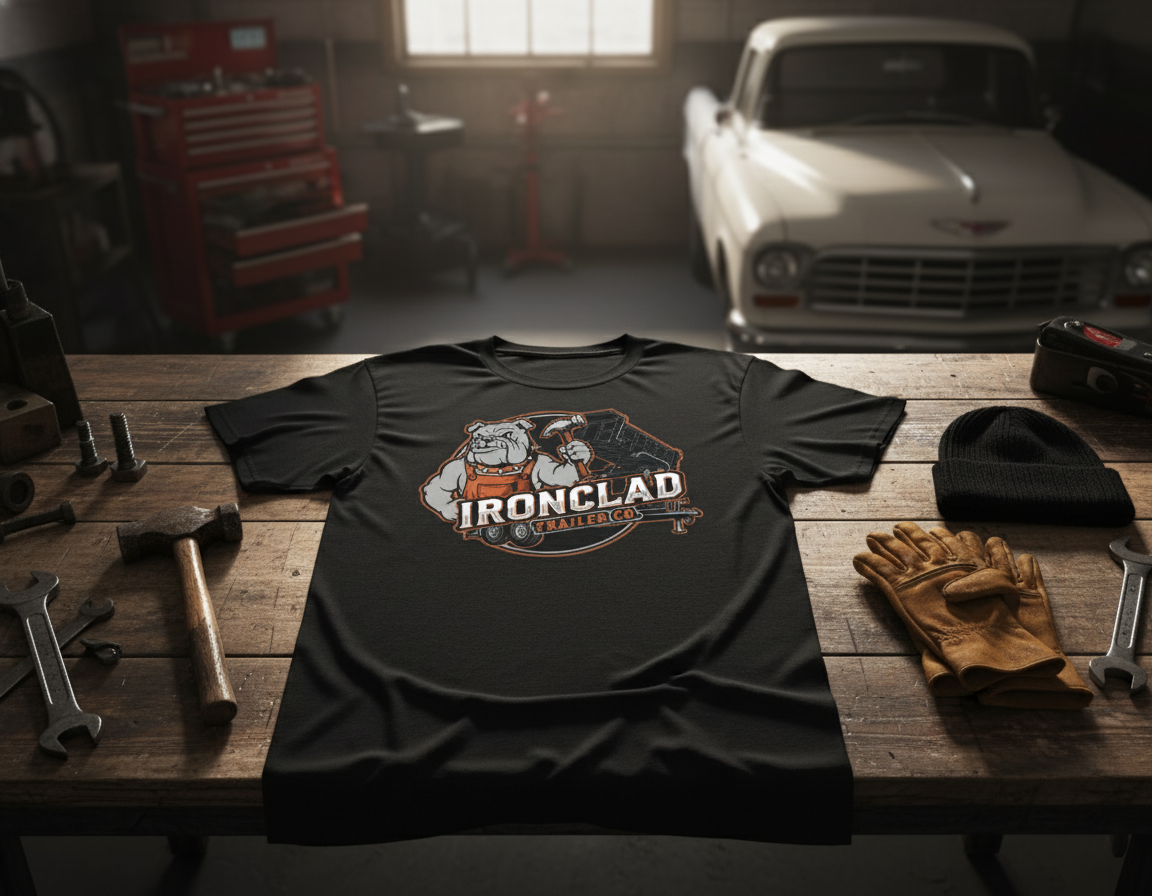 Branded work t-shirt mockup in a garage setting.