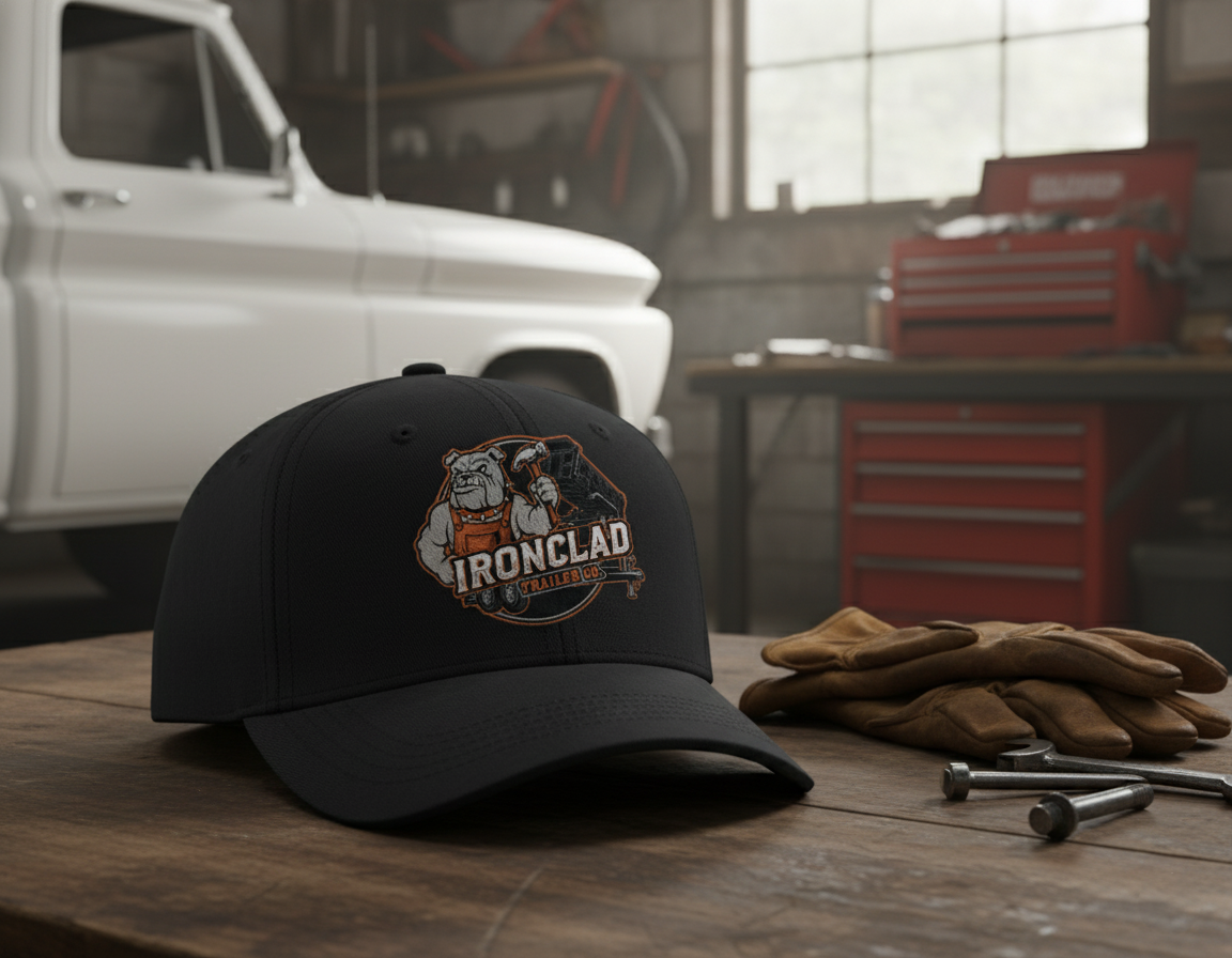 Branded baseball cap mockup on a wooden table.