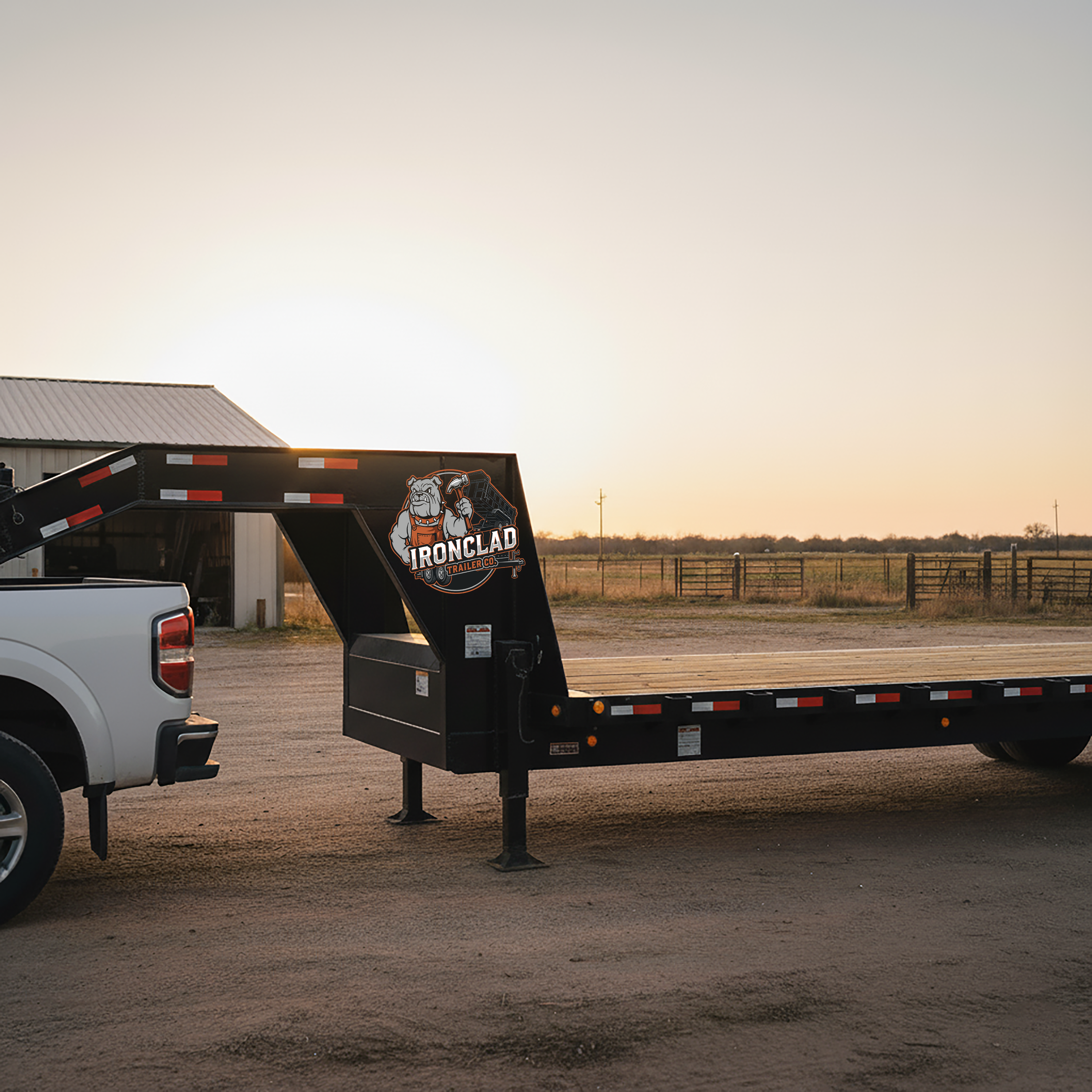 Ironclad logo decal placement on a large flatbed trailer.