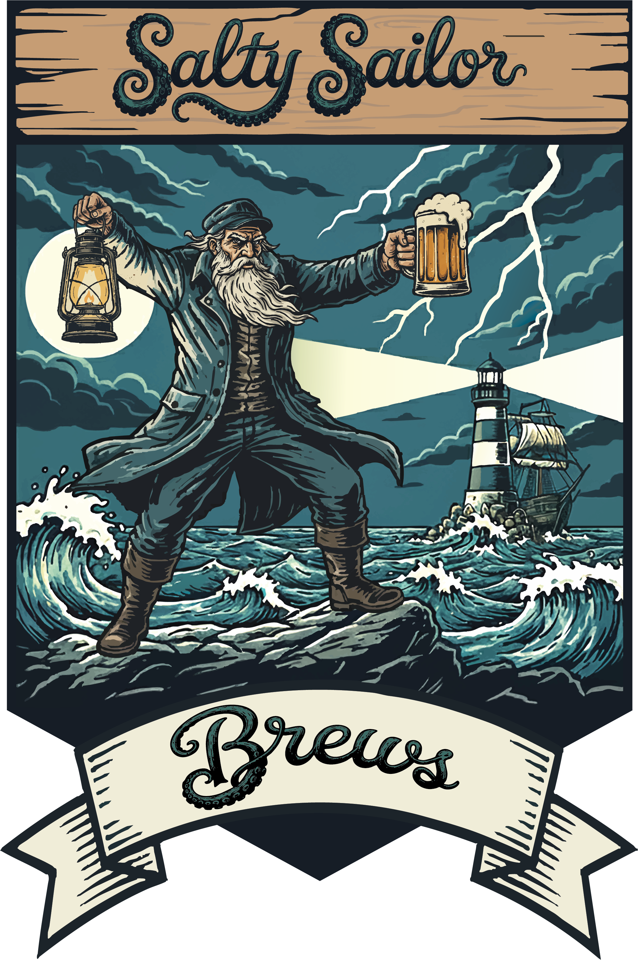 Full branded illustration of the Salty Sailor mascot holding a lantern and beer.