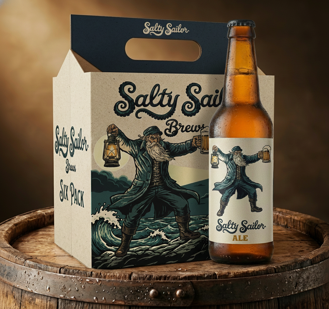 Six-pack packaging mockup on a barrel.
