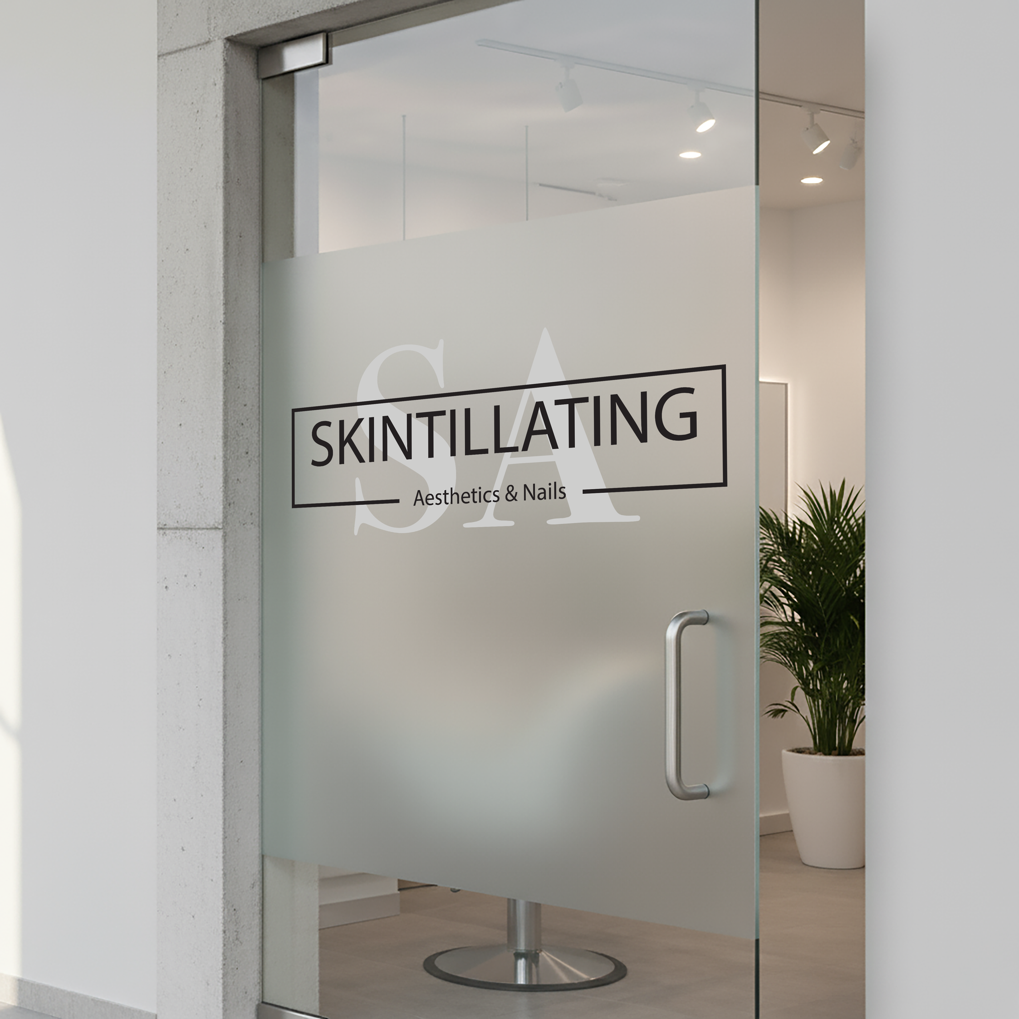 Frosted glass door mockup with Skintillating signage.
