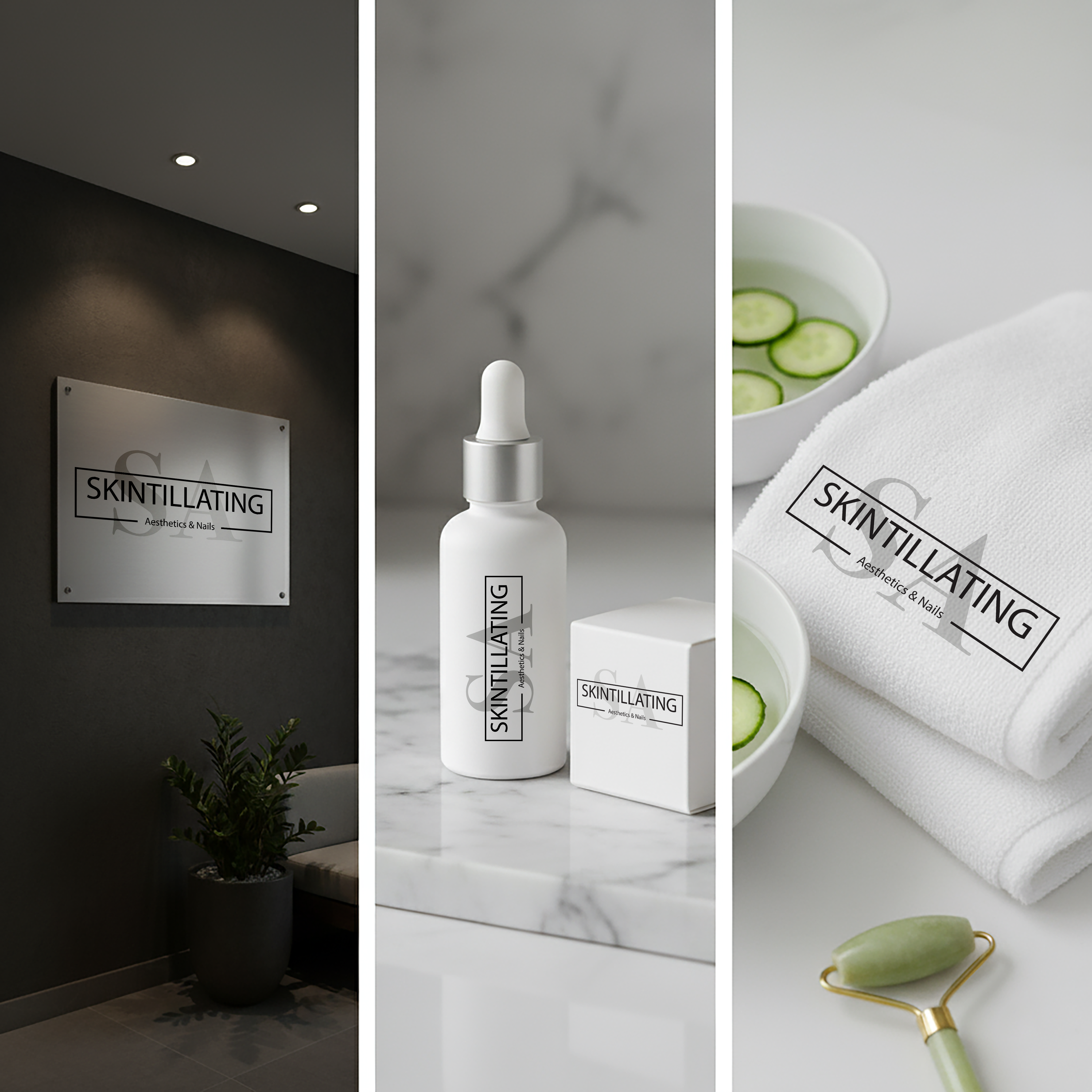 Three-panel mockup showing interior signage, product bottle, and spa towels.