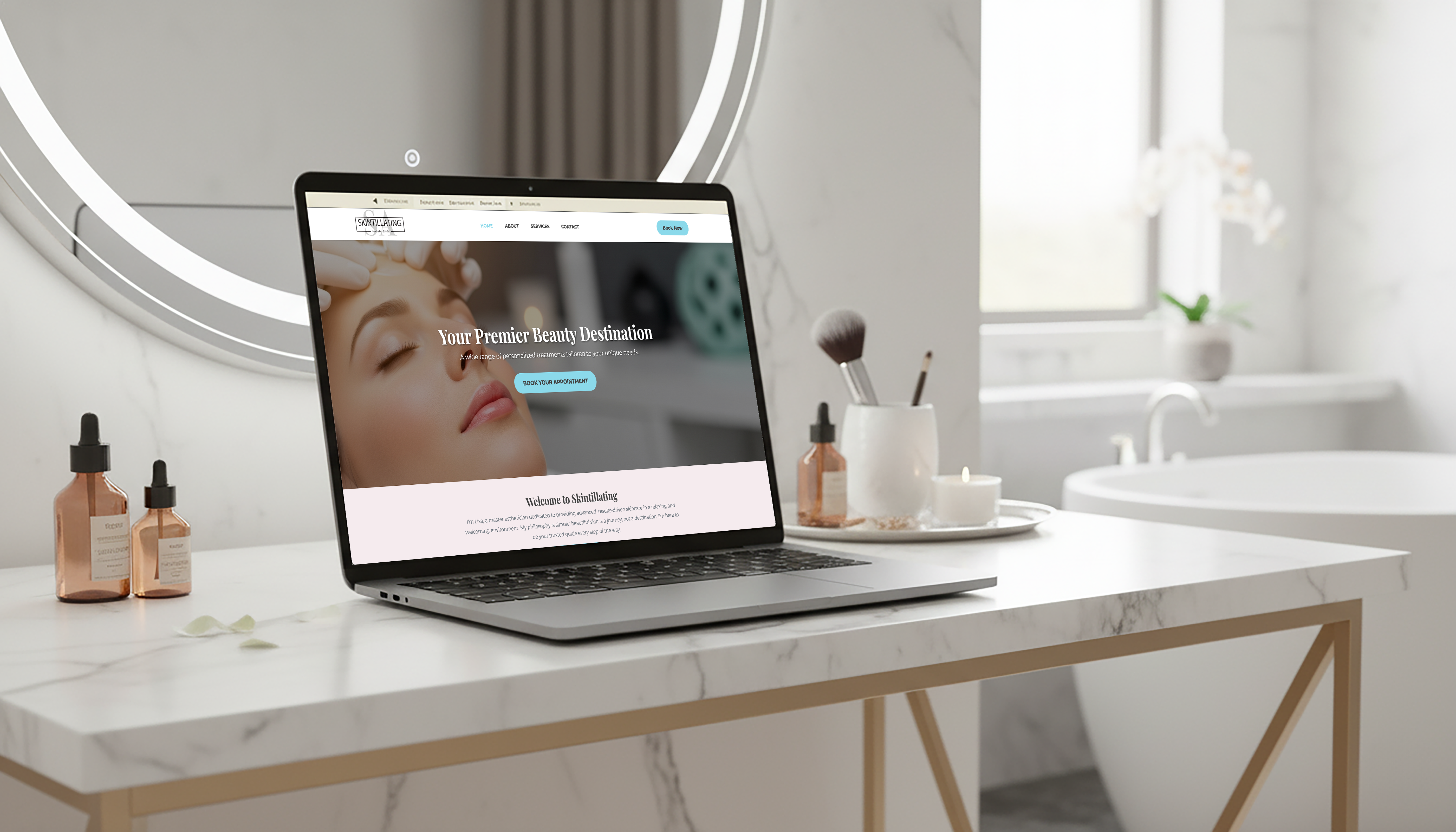 Website desktop mockup in a cozy, spa setting.